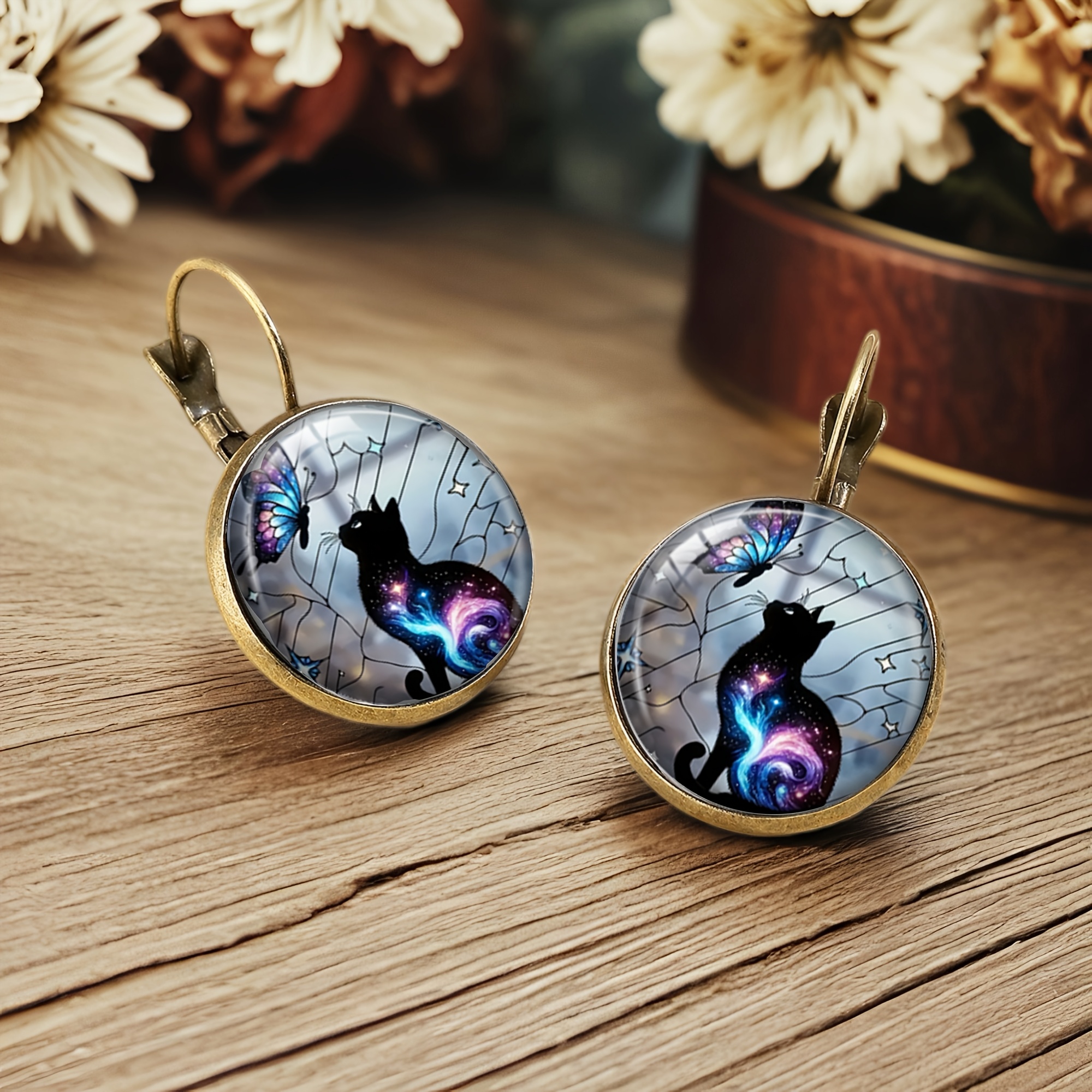 Galaxy Cat & Butterfly Pendant Earrings